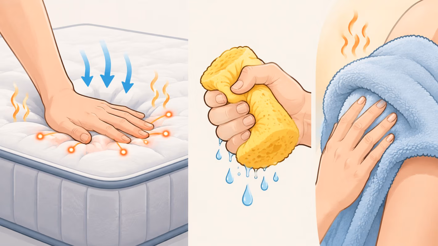 A hand pressing on a memory foam mattress, a wet sponge being squeezed, and a towel cleaning skin.
