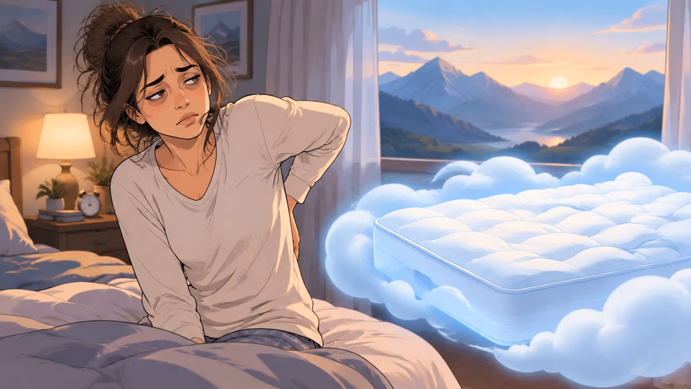 A tired woman sitting on her bed holding her back, wishing for a comfortable memory foam mattress.