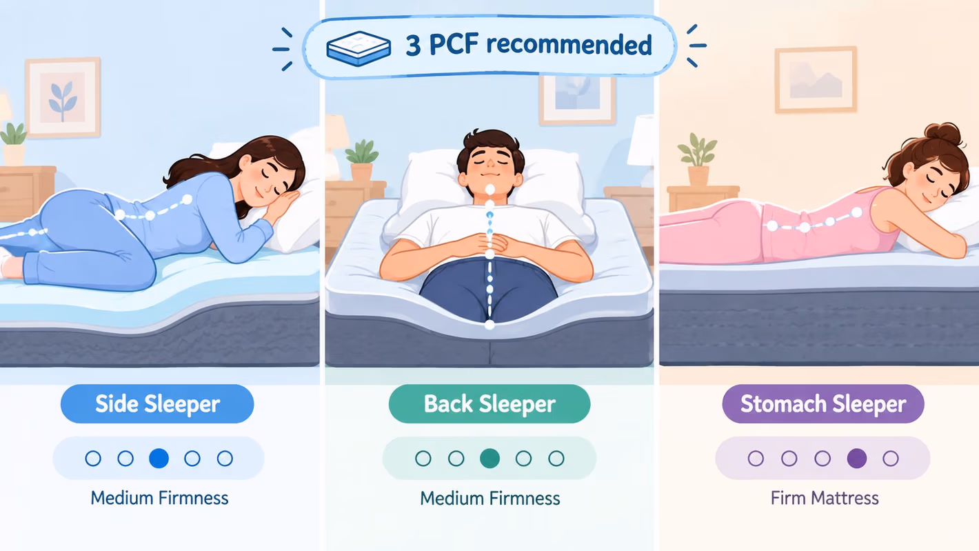 A diagram illustrating recommended mattress firmness levels for side, back, and stomach sleeping positions.