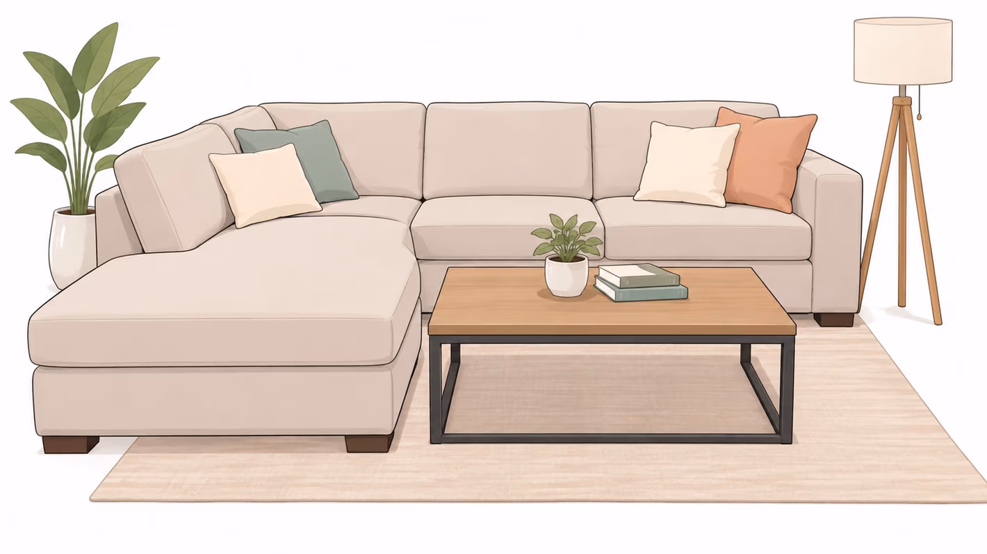A minimalist living room featuring a beige sectional couch with a chaise, wooden coffee table, and lamp.