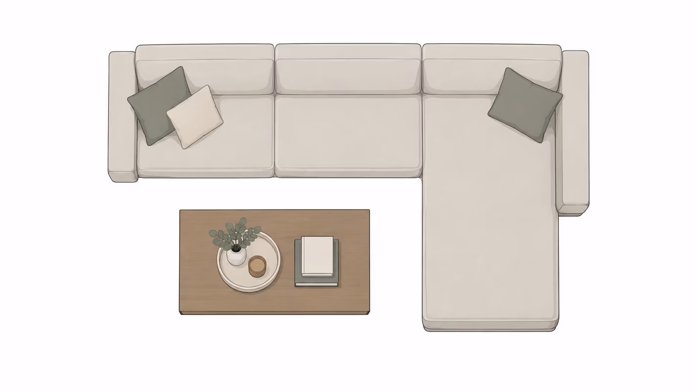 Top down view of a cream colored L-shaped sectional sofa with a wooden coffee table.