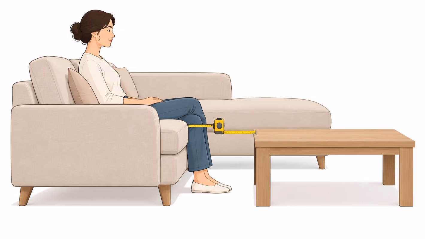 A woman sitting on a beige couch with a chaise lounge measuring the distance to a coffee table.