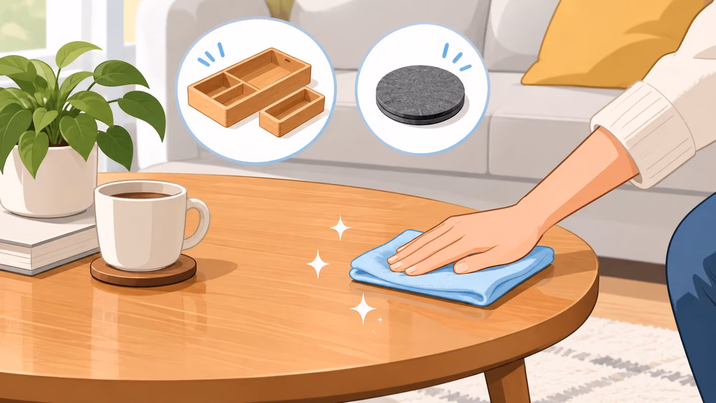 A person wipes a wooden coffee table clean with a blue cloth, showing storage tips for furniture.