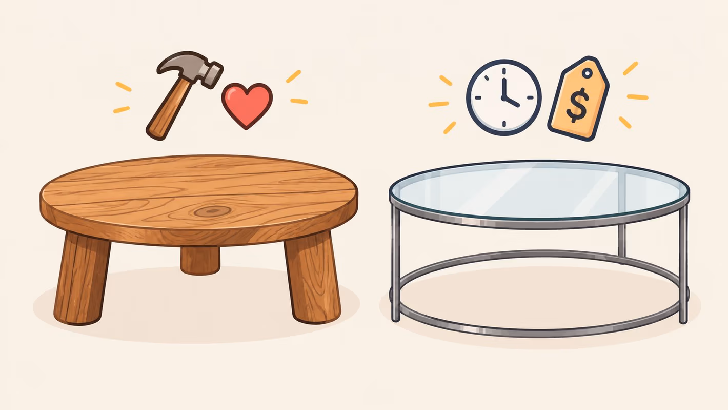 A split illustration comparing a rustic wooden coffee table with a modern glass and metal table.