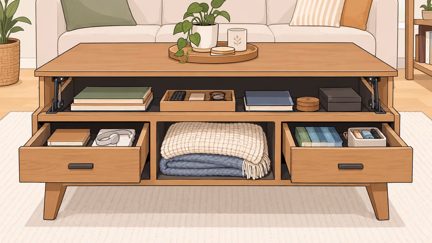 A modern wooden coffee table featuring a lift-top design with organized storage for books, blankets, and electronics.