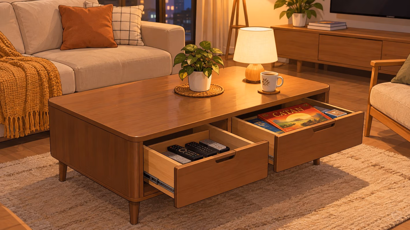 A wooden coffee table with two open drawers containing remotes and a Catan board game inside.