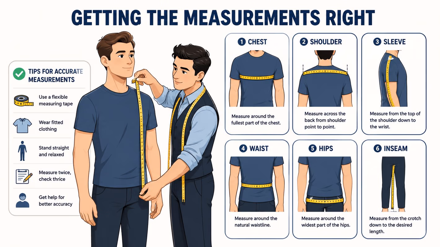 An instructional graphic showing step-by-step methods for taking accurate body measurements for clothing tailored fit.