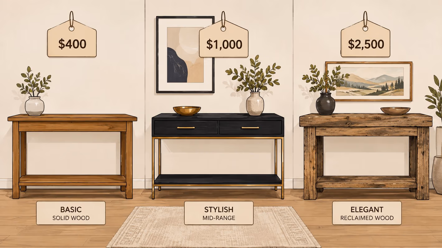 Three different console tables for entryways with price tags, labeled as basic, stylish, and elegant furniture options.
