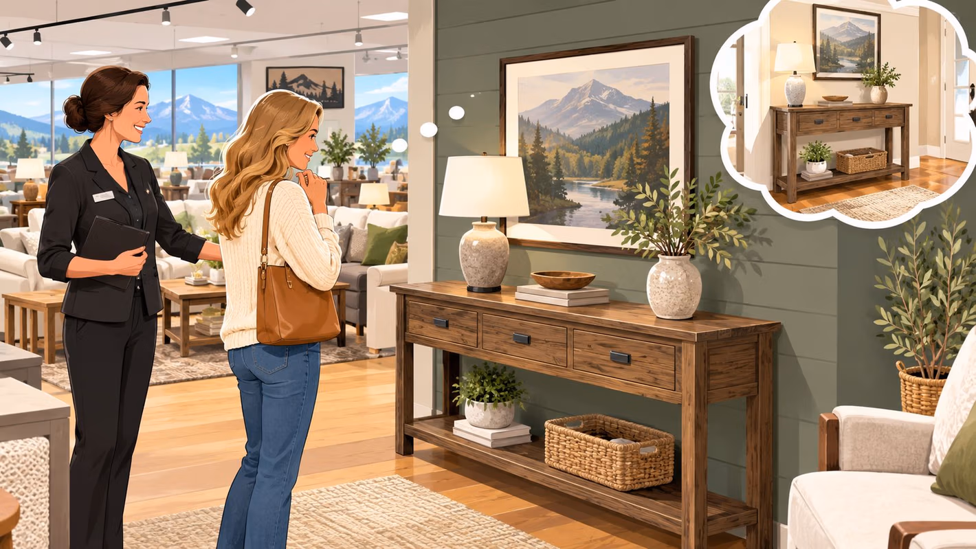 A friendly sales associate shows a customer a wooden entryway console table in a furniture showroom.