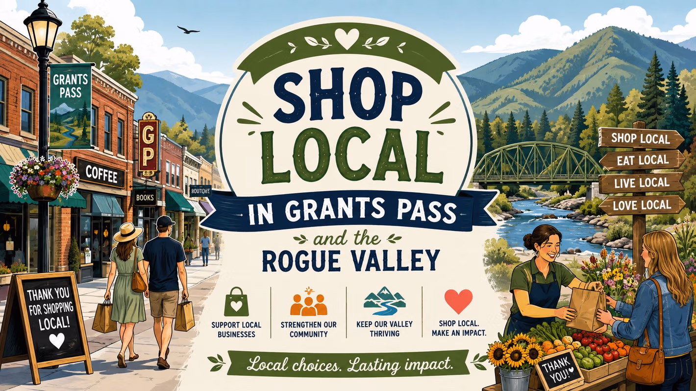 An inviting illustration promoting shopping local in Grants Pass and the Rogue Valley with outdoor market scenes.