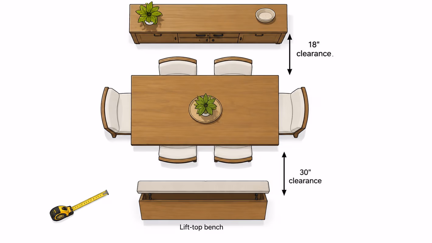 A top-down architectural layout of a dining room featuring a table, chairs, a buffet, and a bench.