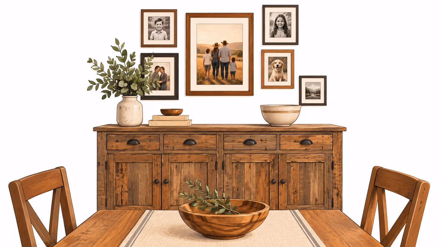 A rustic dining room sideboard with a wooden table, chairs, and framed family photos on the wall.
