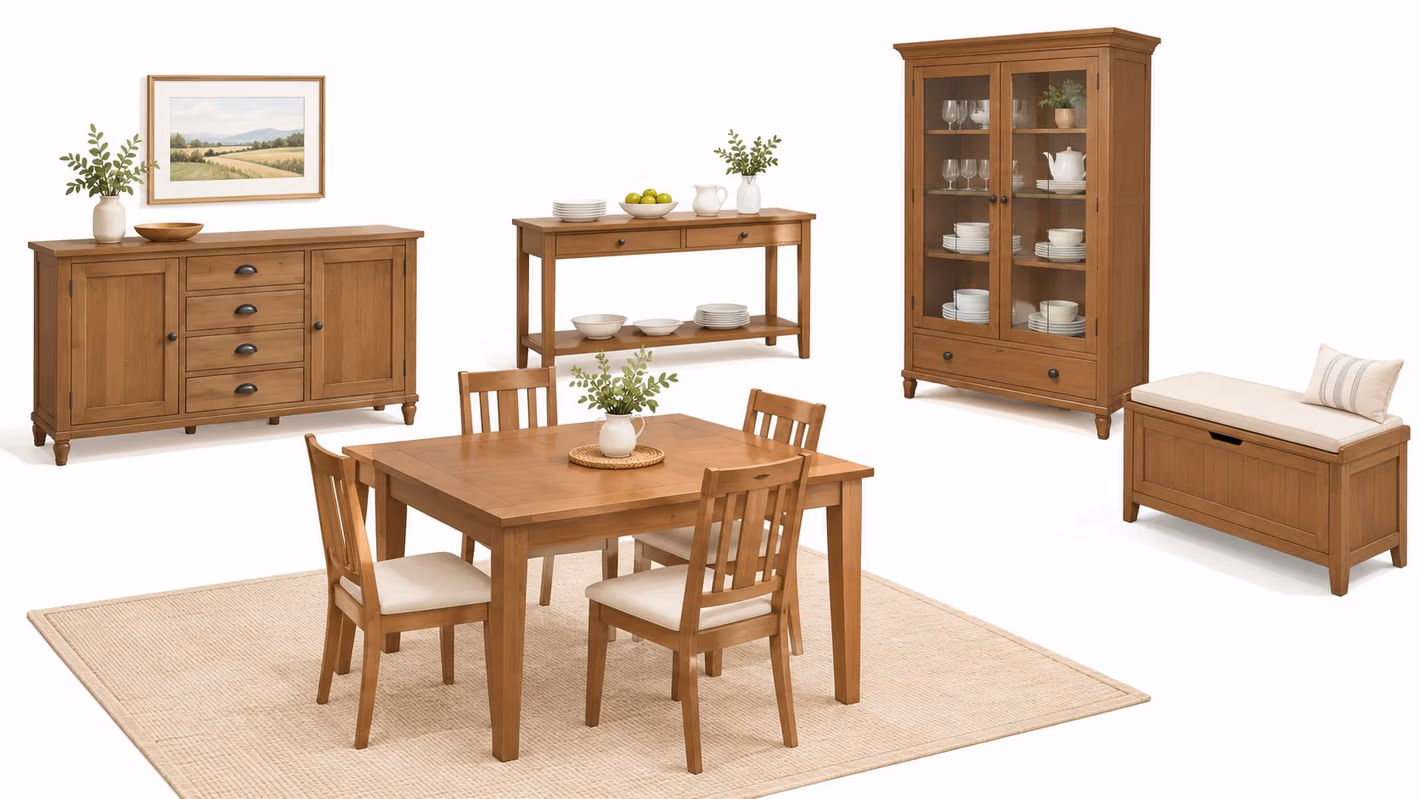 A complete set of warm-toned wooden dining room furniture including a table, chairs, storage cabinets, and bench.