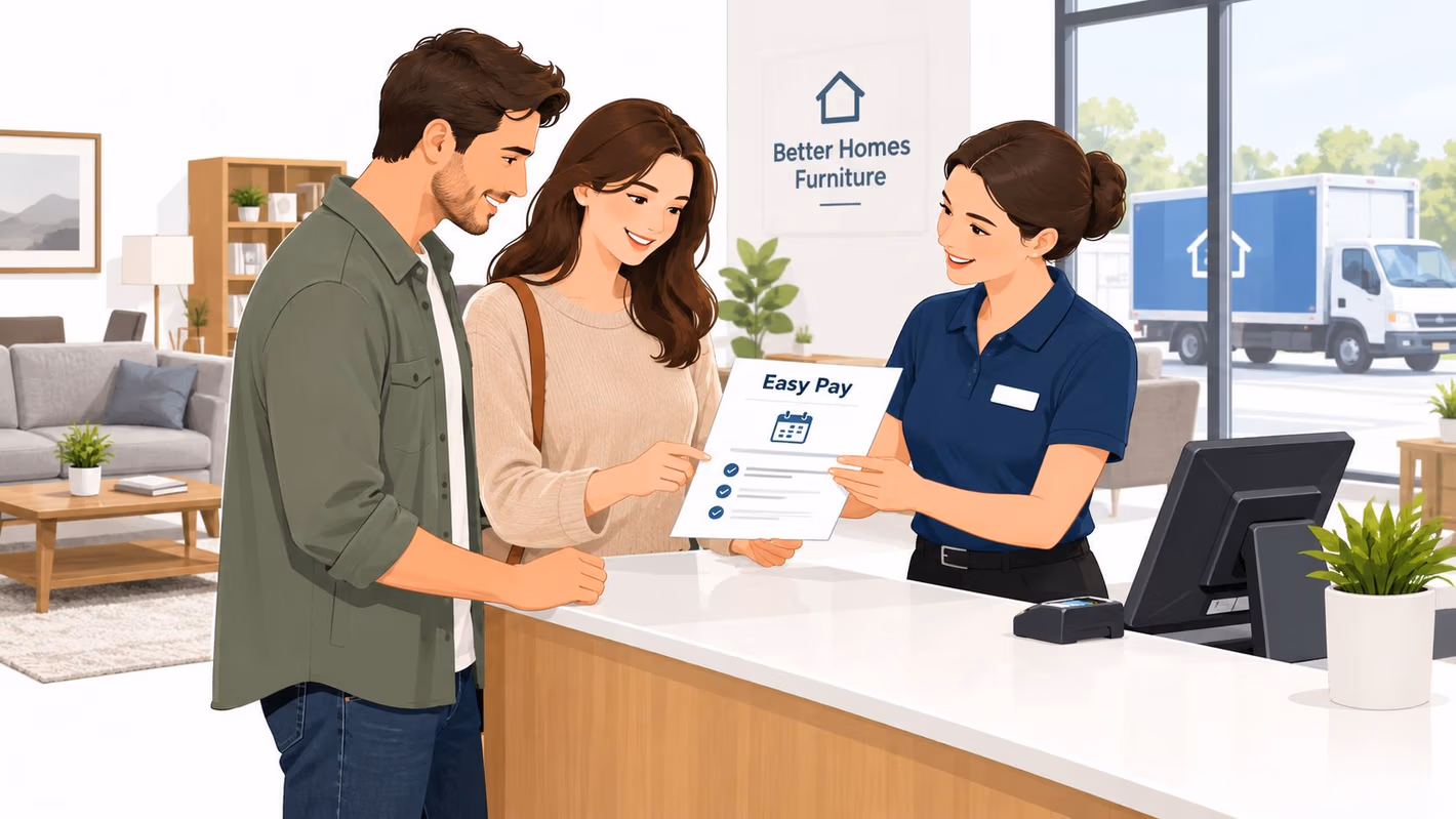 A store employee explains payment options to a couple at a furniture store service desk.