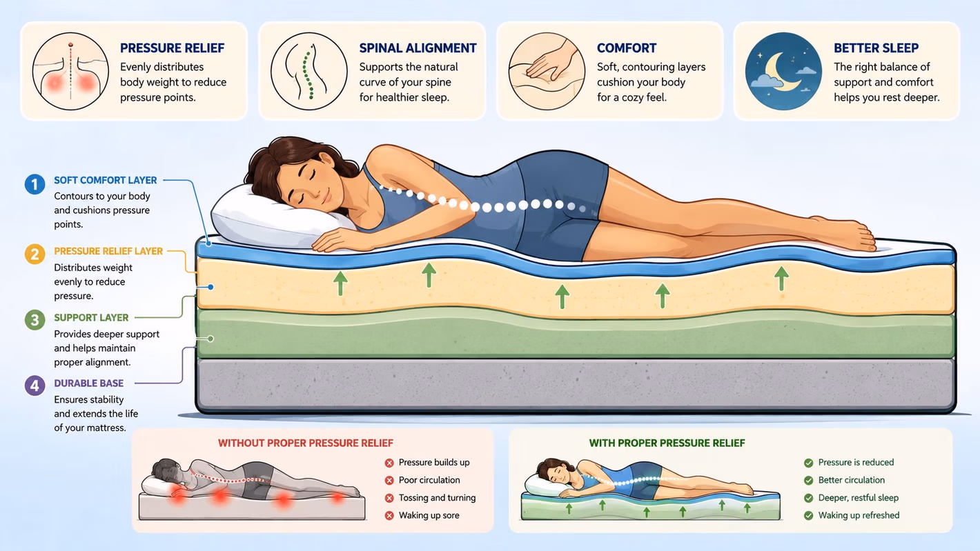 A diagram illustrating the four layers of a comfortable mattress designed for optimal spinal alignment and pressure relief.