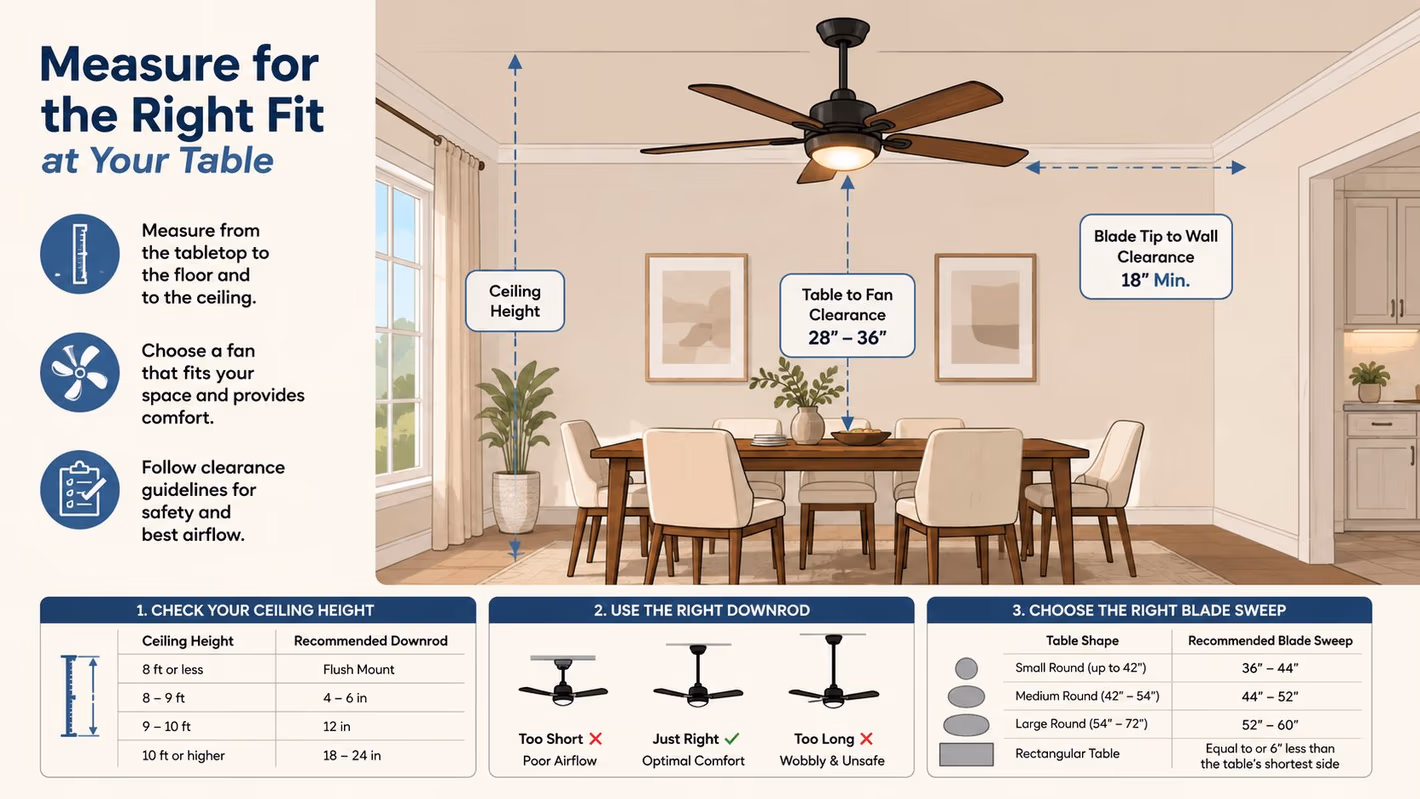 An instructional infographic explaining how to measure and select the right ceiling fan for a dining table.