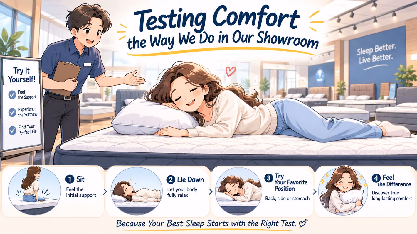 A store associate helps a woman test mattress comfort in a modern showroom, illustrating proper sleep testing steps.