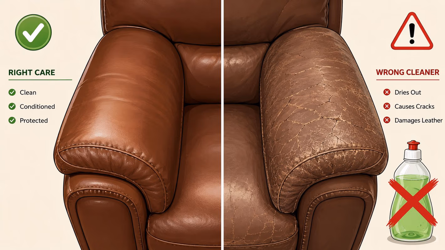A comparison of leather recliner care showing a healthy smooth side versus a damaged cracked side.