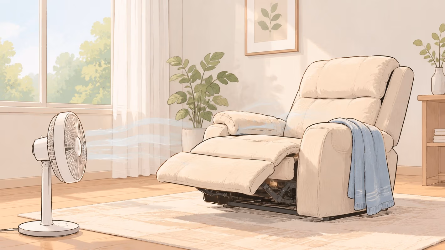 A cozy, light-colored recliner sitting on a rug with a desk fan blowing air towards it.