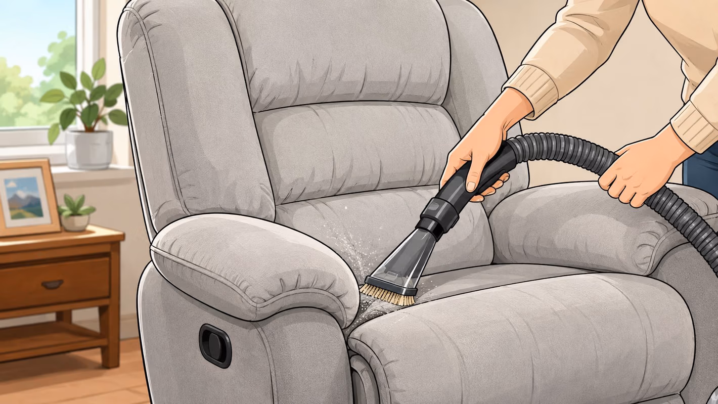 A person using a vacuum cleaner attachment to clean the fabric of a comfortable gray recliner chair.