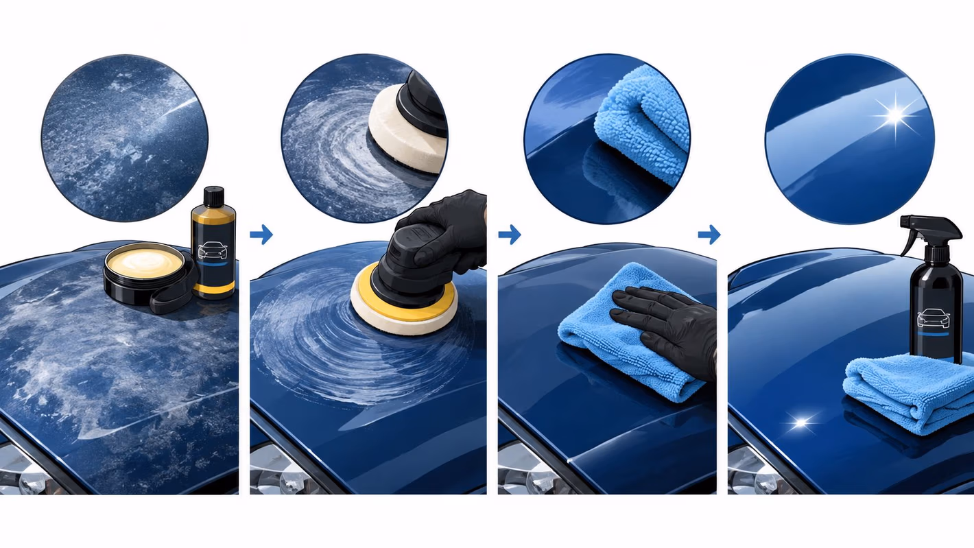 A step-by-step visual guide showing a car's hood being polished and waxed to restore its shine.