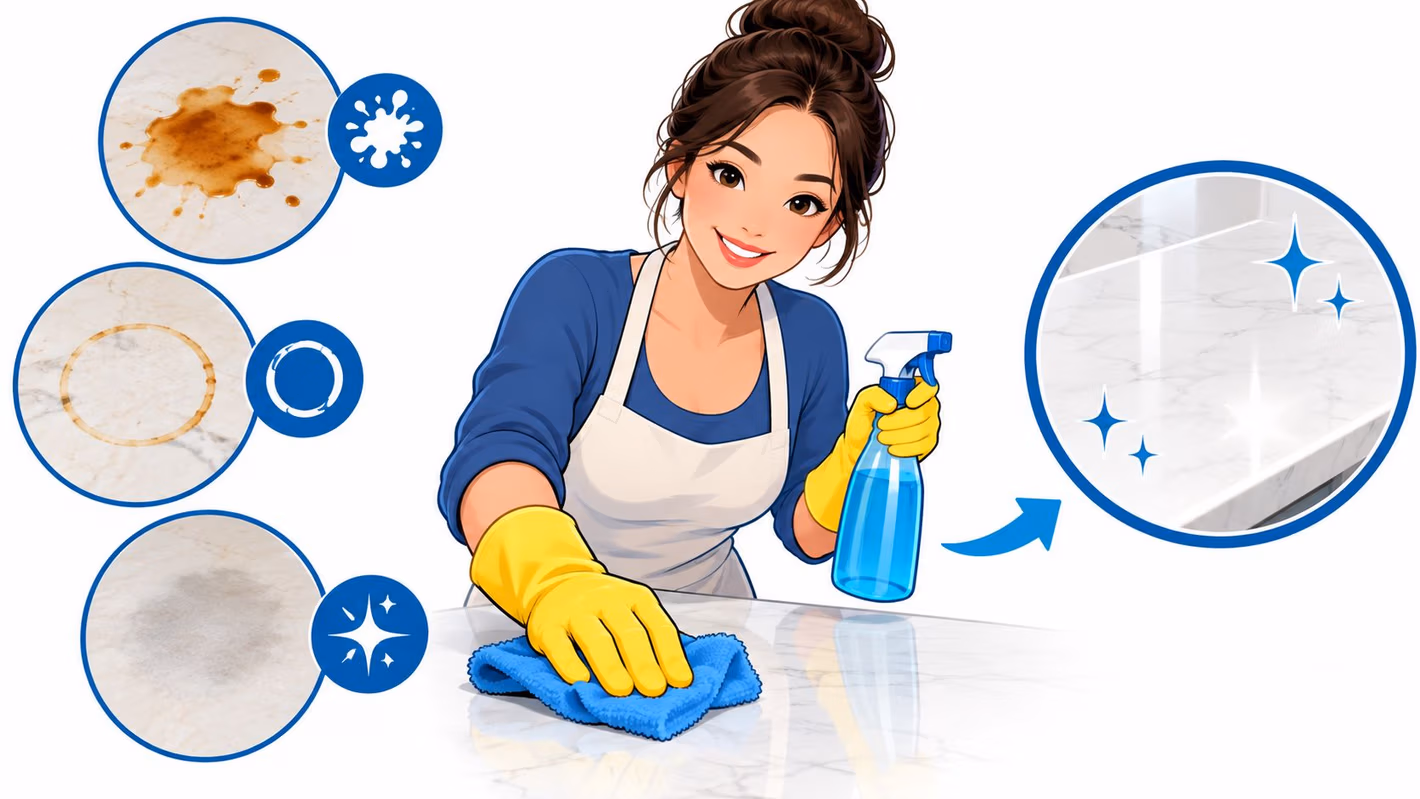 A cheerful woman wearing yellow cleaning gloves wipes a marble countertop clean with a blue cloth.
