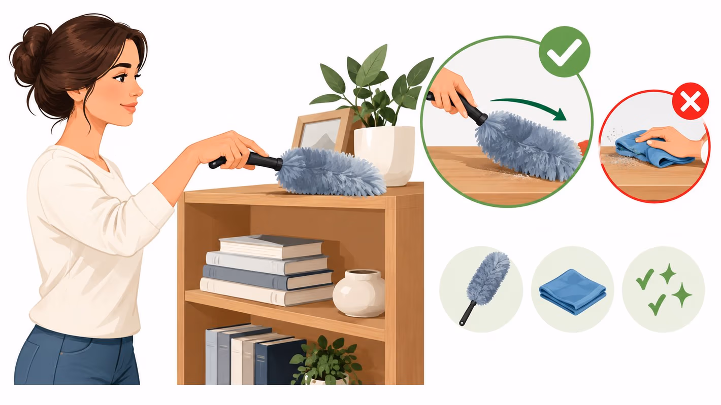 A woman using a feather duster to clean a wooden bookshelf, showing the proper technique compared to wiping.