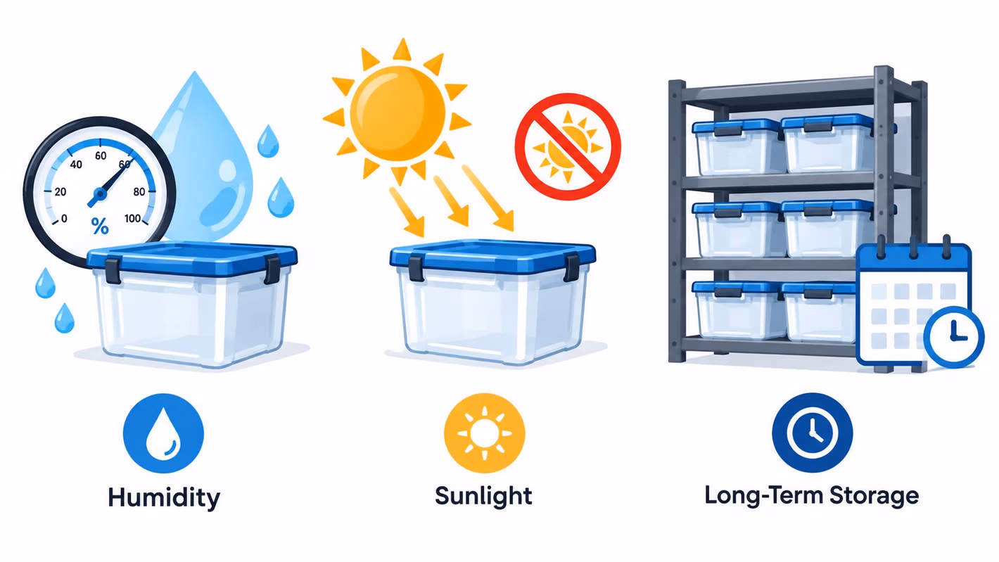 An infographic showing storage advice, including humidity, sunlight protection, and long-term storage organization tips for items.