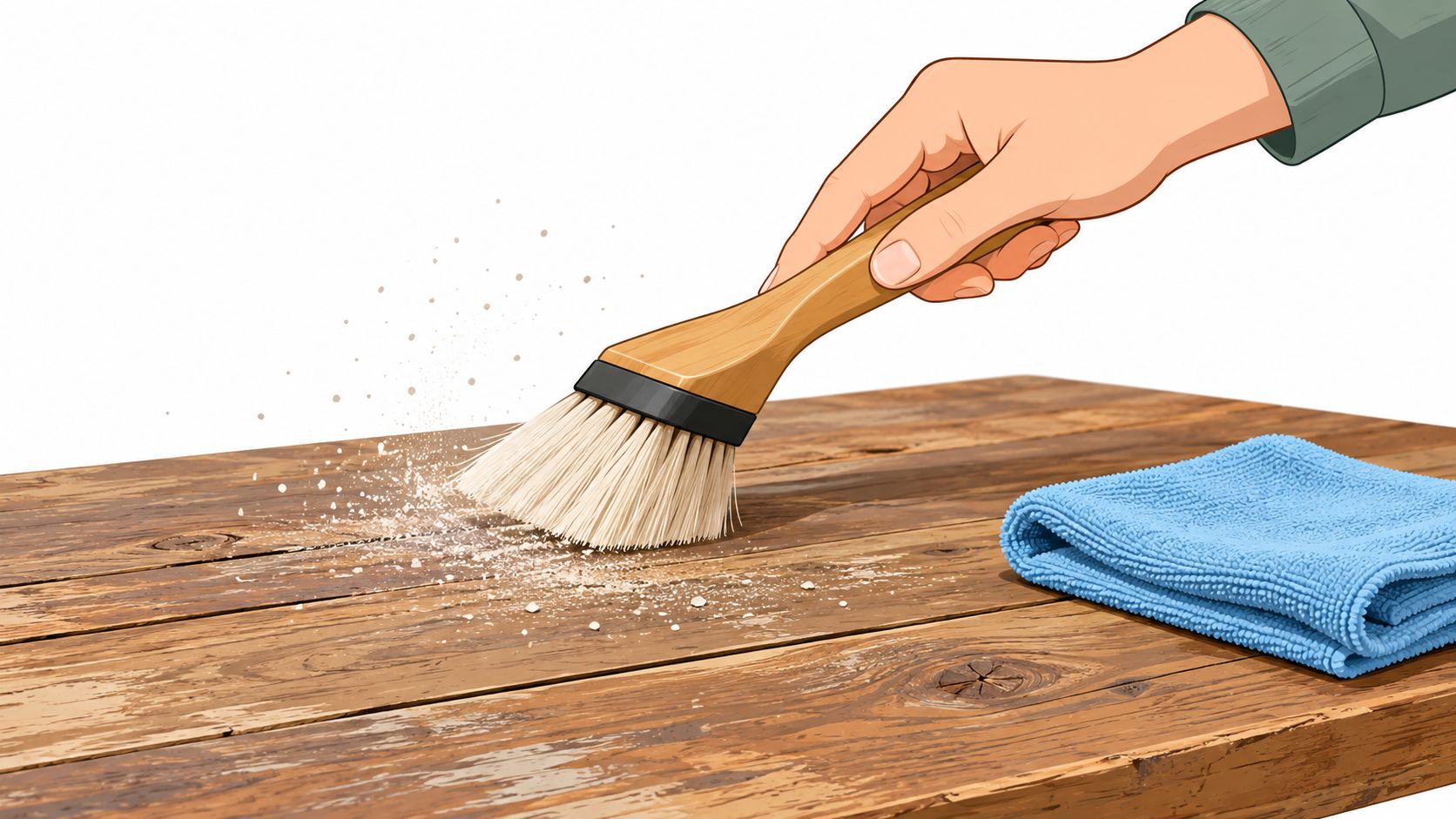 A person using a brush to clean dust off a rustic, weathered reclaimed wooden table surface.
