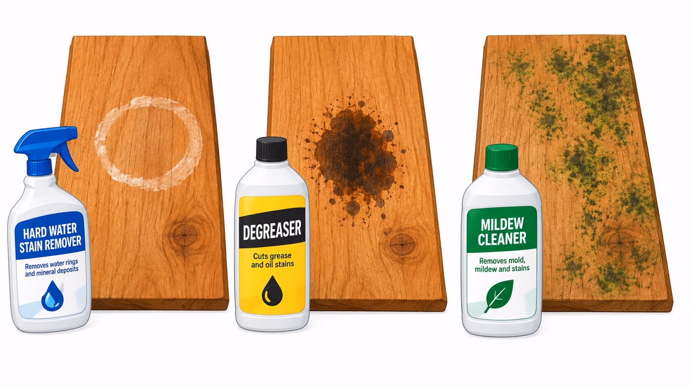 Three bottles of specialized cleaning products displayed in front of wood boards with different types of stains.