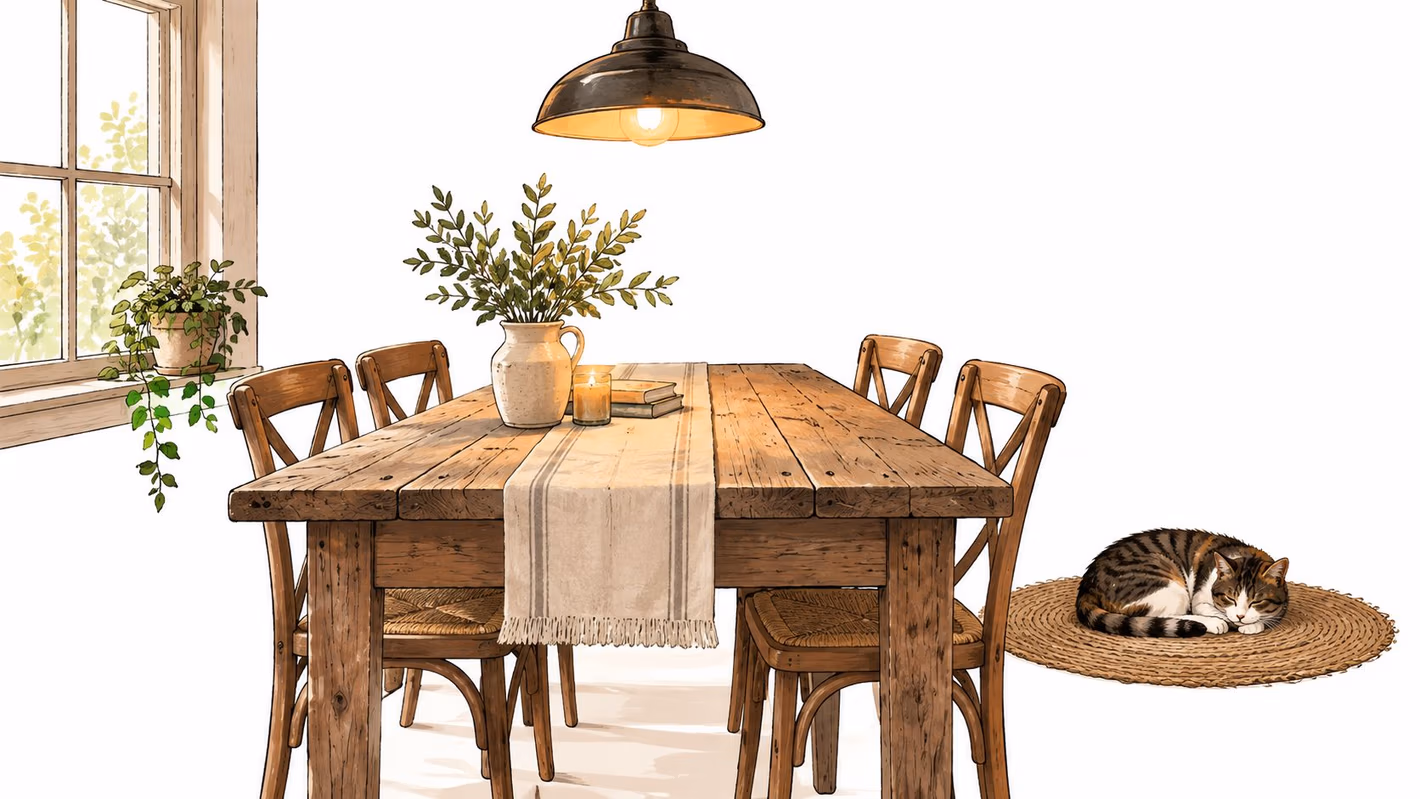 A cozy dining room featuring a rustic reclaimed wood table with chairs, a cat, and greenery.