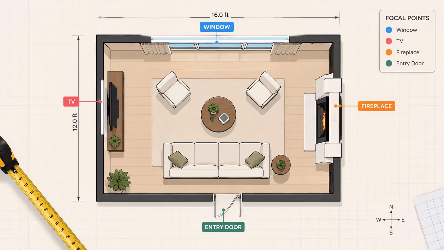 An overhead floor plan illustration of a living room showcasing a furniture arrangement with a sofa, chairs, and table.