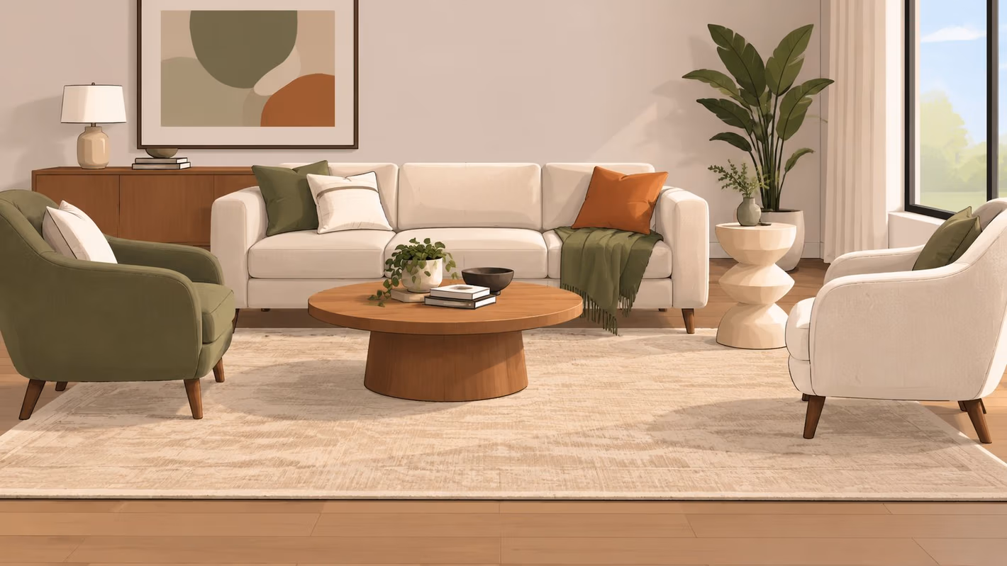 A bright, modern living room layout featuring a beige sofa, green armchair, and a circular wooden coffee table.