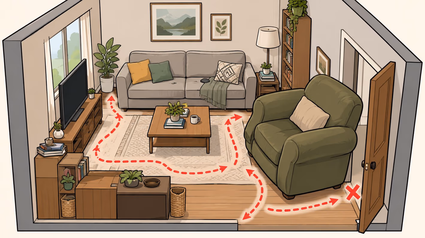 A cozy living room floor plan showing furniture layout with red arrows indicating a suggested walking path.
