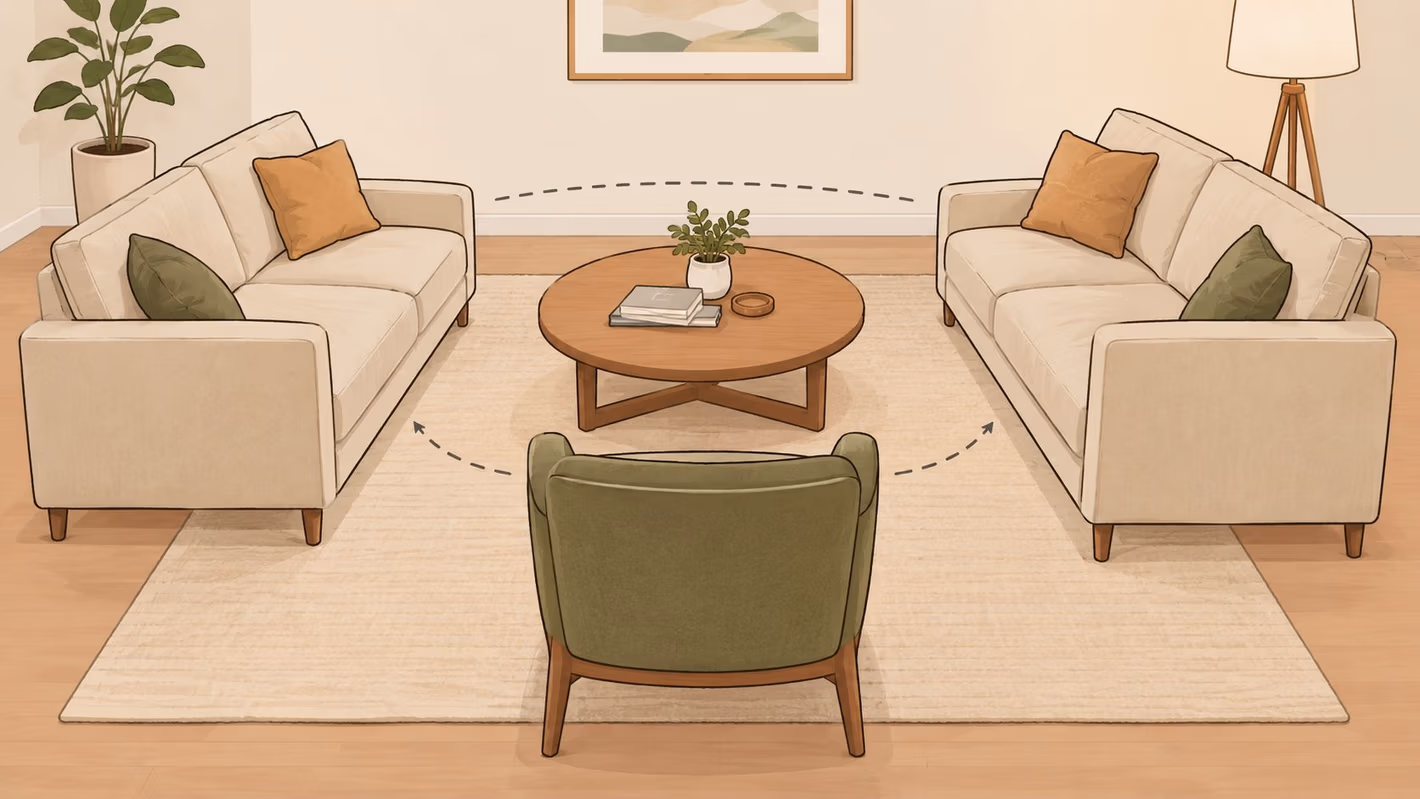 A cozy, symmetrical living room layout with two sofas facing each other and an armchair in front.