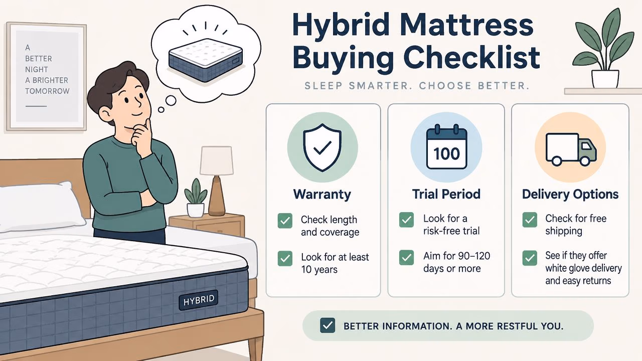 An illustrated checklist guide for choosing the best hybrid mattress including warranty, trial period, and delivery considerations.
