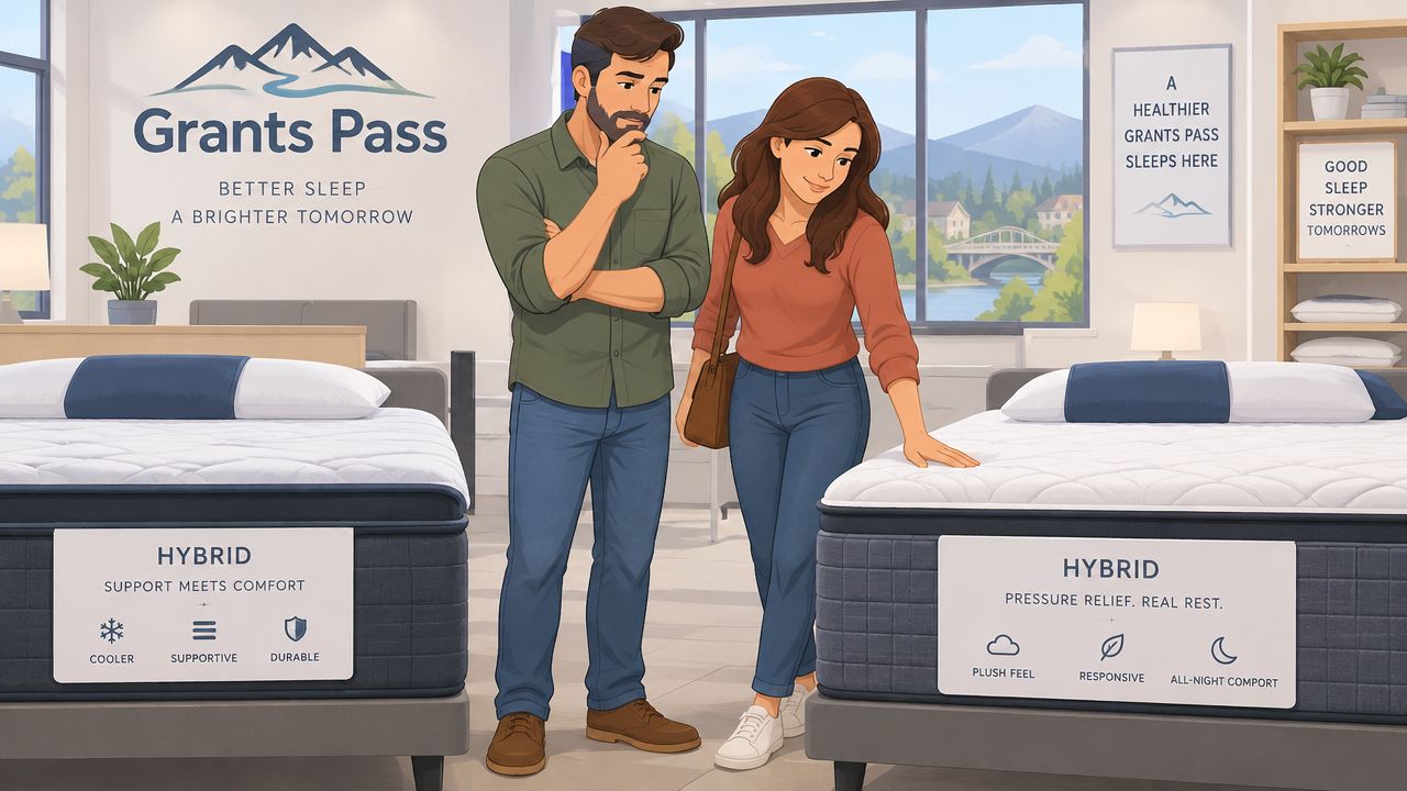 A couple shopping for a new hybrid mattress in a bright bedroom showroom store display.