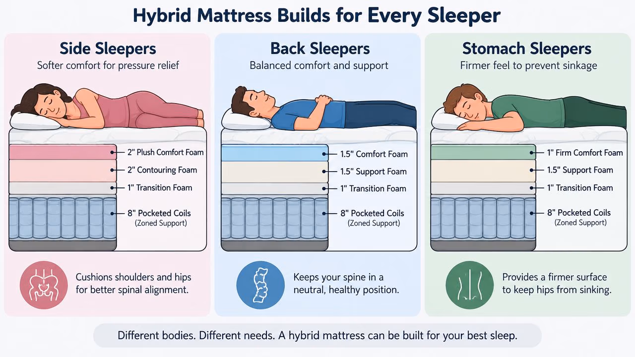 A diagram comparing hybrid mattress construction features tailored for side, back, and stomach sleepers for better support.