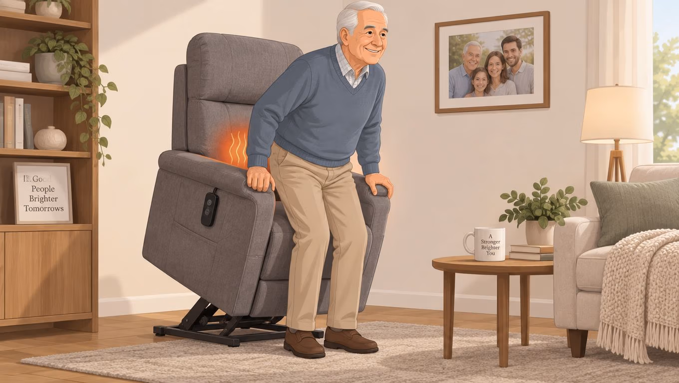An elderly man smiling as he stands up from a grey power lift recliner chair with heating.