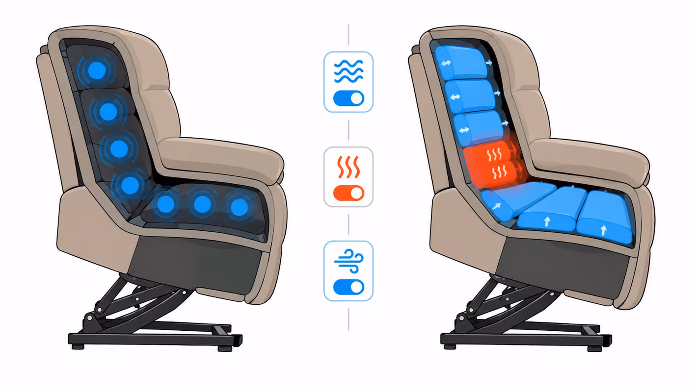 A diagram comparing the internal components of a lift chair featuring massage, heating, and air pressure functions.