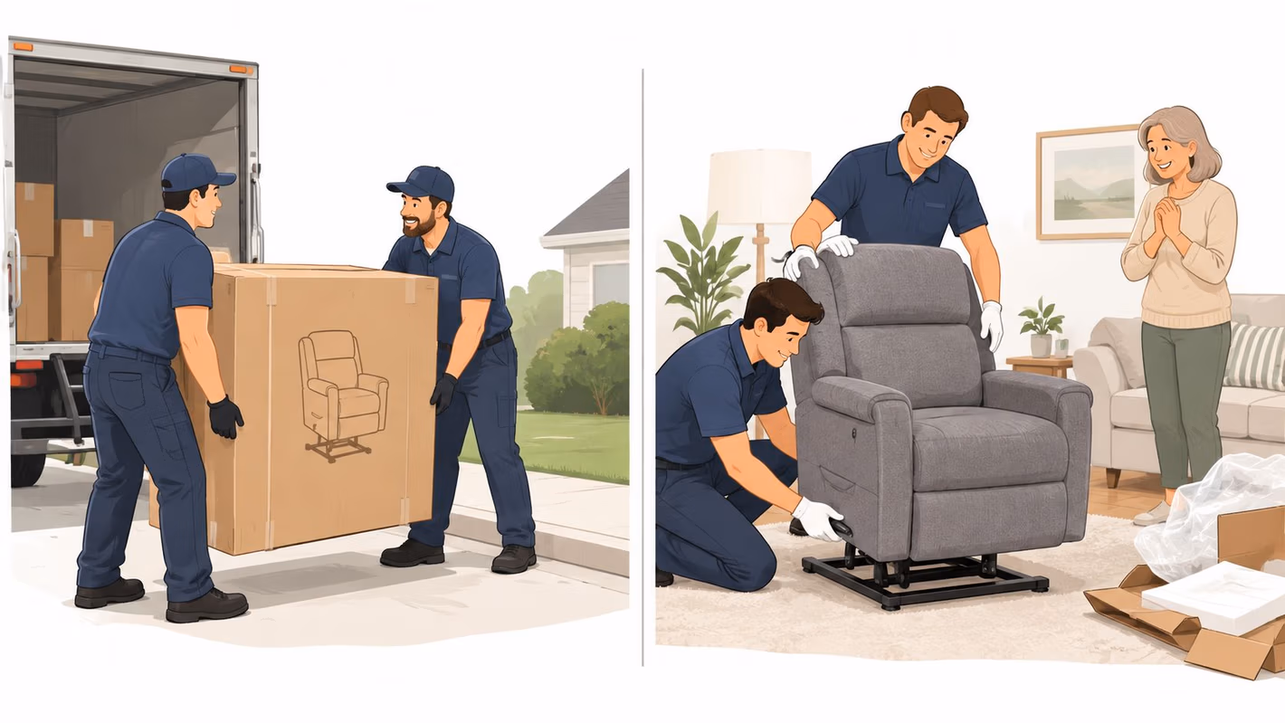 Two delivery workers transporting and setting up a gray lift chair for an elderly woman indoors.