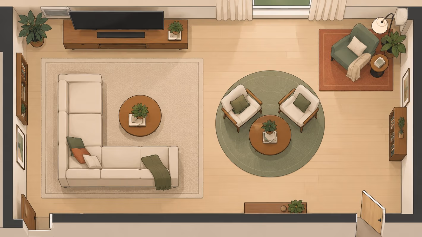 A top-down 2D floor plan illustration showing a cozy modern living room with sofas and seating arrangements.