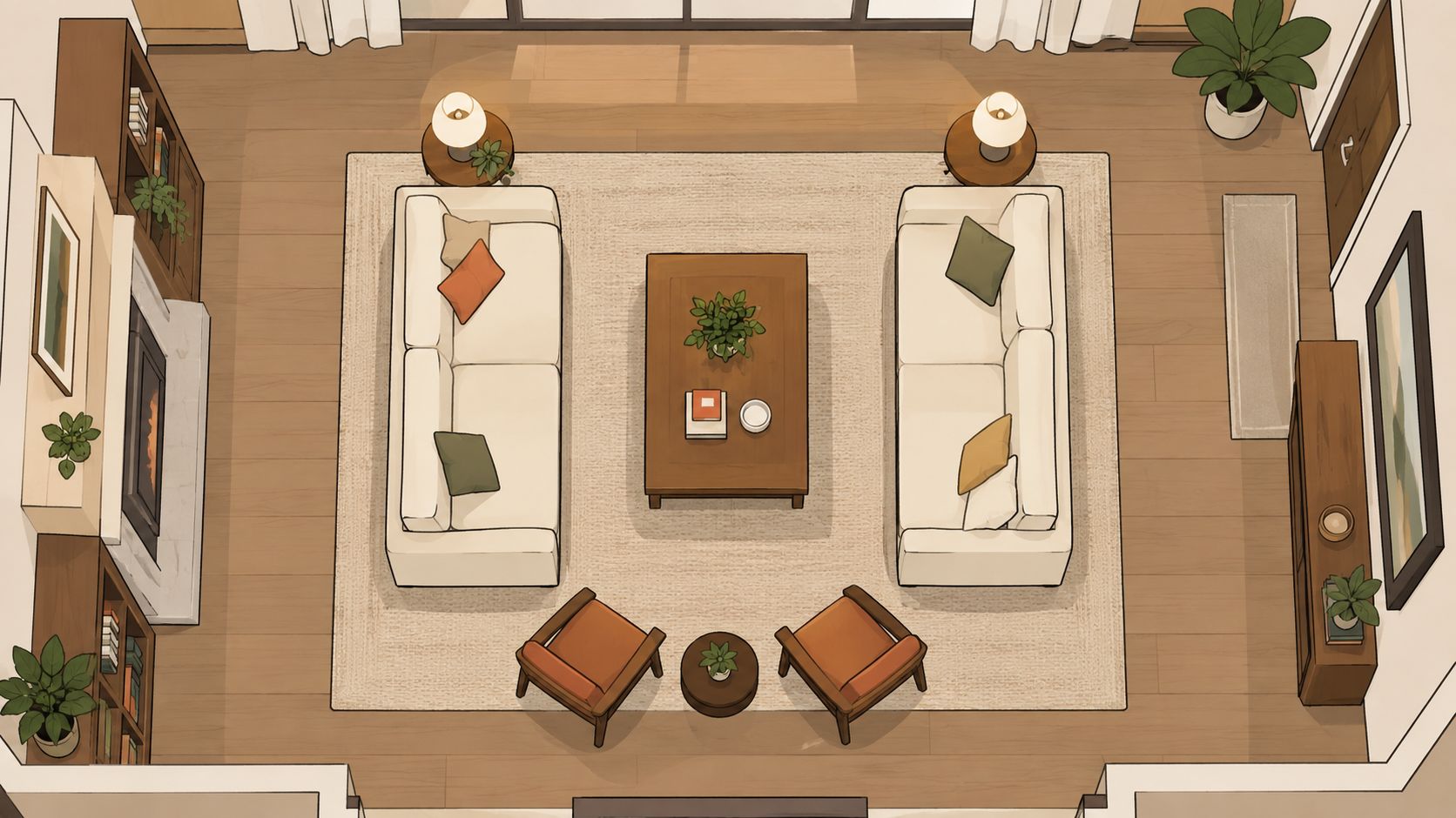 A top-down architectural floor plan view of a cozy living room featuring two sofas and two armchairs.