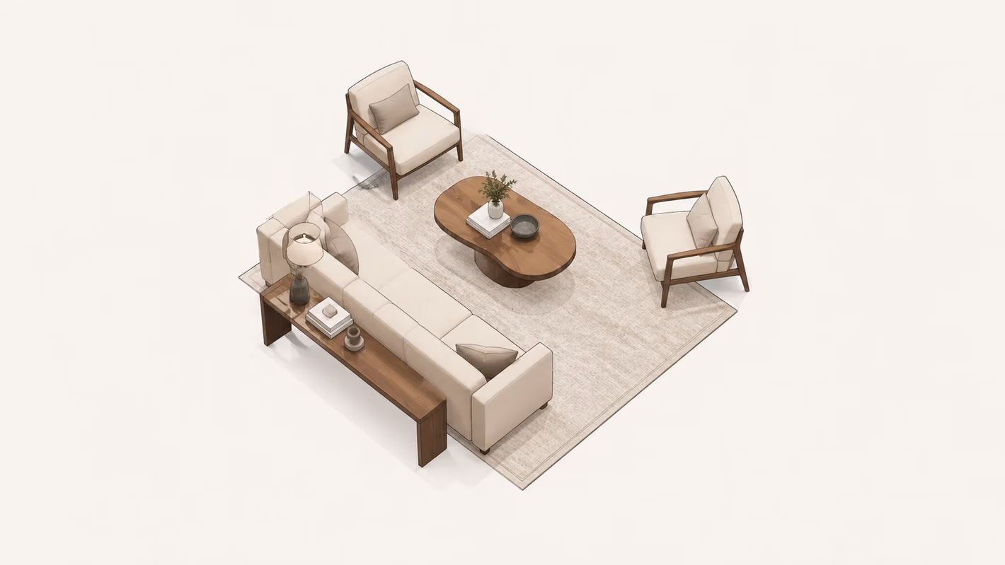A modern living room furniture set featuring a long sofa, coffee table, and two armchairs on an area rug.