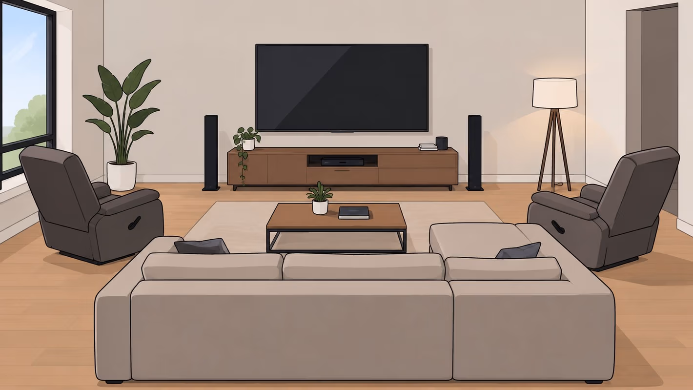 A minimalist living room with a large sofa, two recliners, a coffee table, and a wall-mounted television.