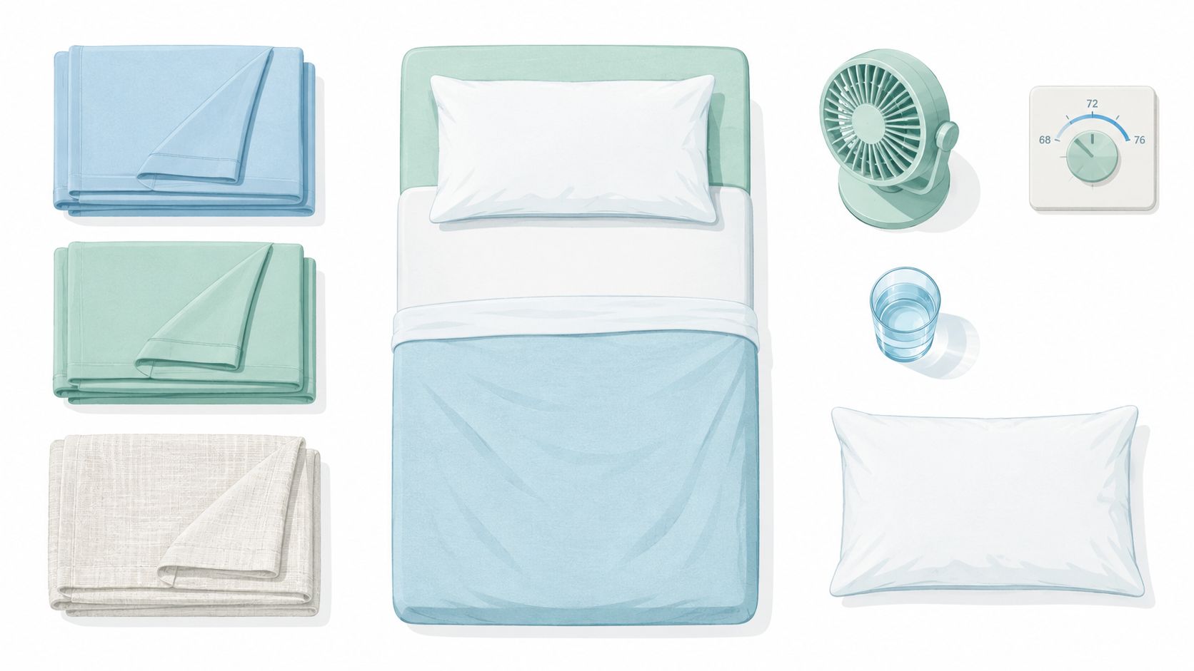 A top-down view of bed essentials including folded blankets, a bed, a fan, and a thermostat.