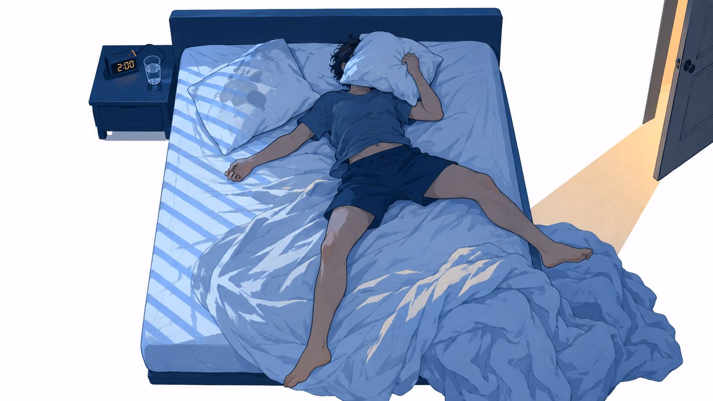 A person lying in bed at 2:00 AM, tossing and turning while trying to fall asleep.