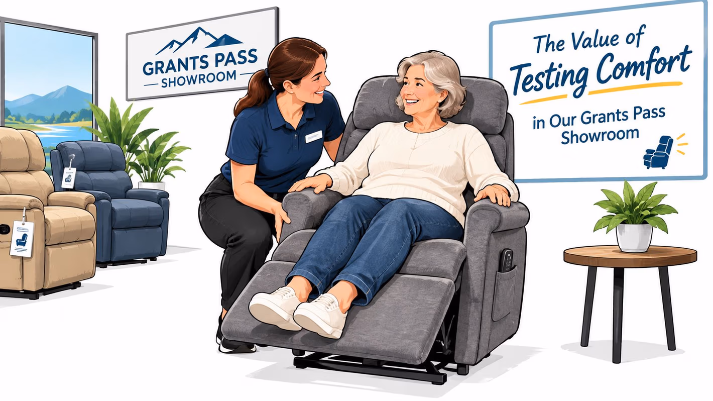 A friendly sales associate assists a senior woman testing a comfortable gray recliner in a furniture showroom.