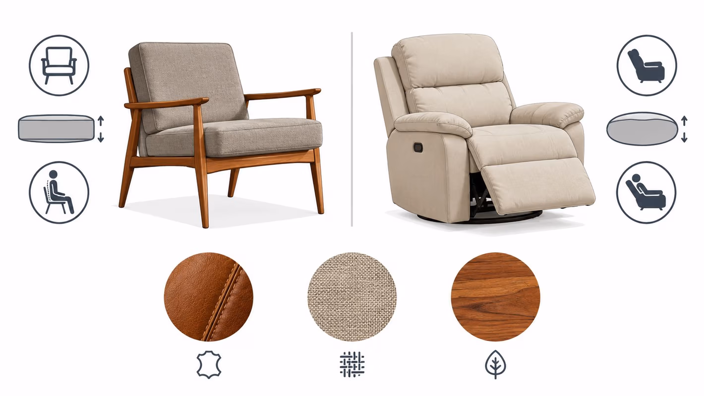 A split image comparing a mid-century modern wooden armchair and a plush beige reclining sofa chair.