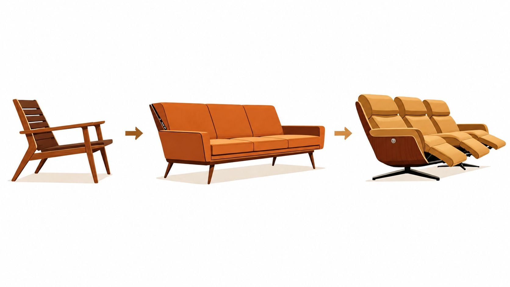 An illustration showing the design evolution from a wooden chair to a mid-century modern reclining sofa.